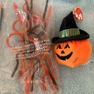 Retired TY Orange and Black Witchkin Plush with Crazy Plastic Straws
